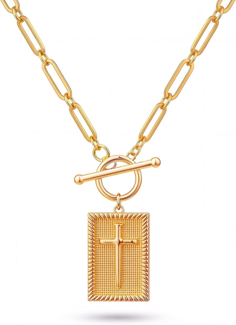 Robaice 14K Gold Plated and Silver Plated Cross Necklace for Women, Non-Tarnish Faith Jewelry with Toggle Clasp, Fashion Necklace Gifts for Women, Christian Faith, Communion, Birthday & Christmas - Image 1
